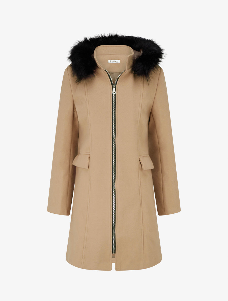 Manteau long à capuche et zip - Camel clair - 1