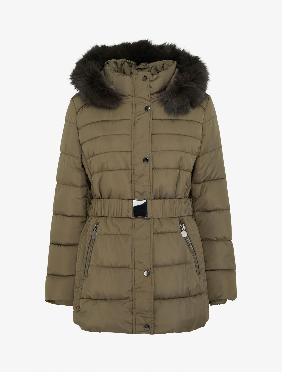 Doudoune ceinturée à capuche en fourrure synthétique - Kaki - 1