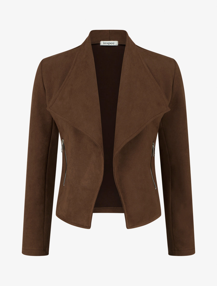 Chaqueta de ante con bolsillos decorativos con cremallera. - Marrón