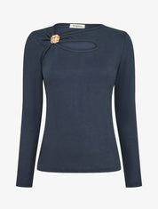 Pull ajouré à empiècement bijou - Marine - 1