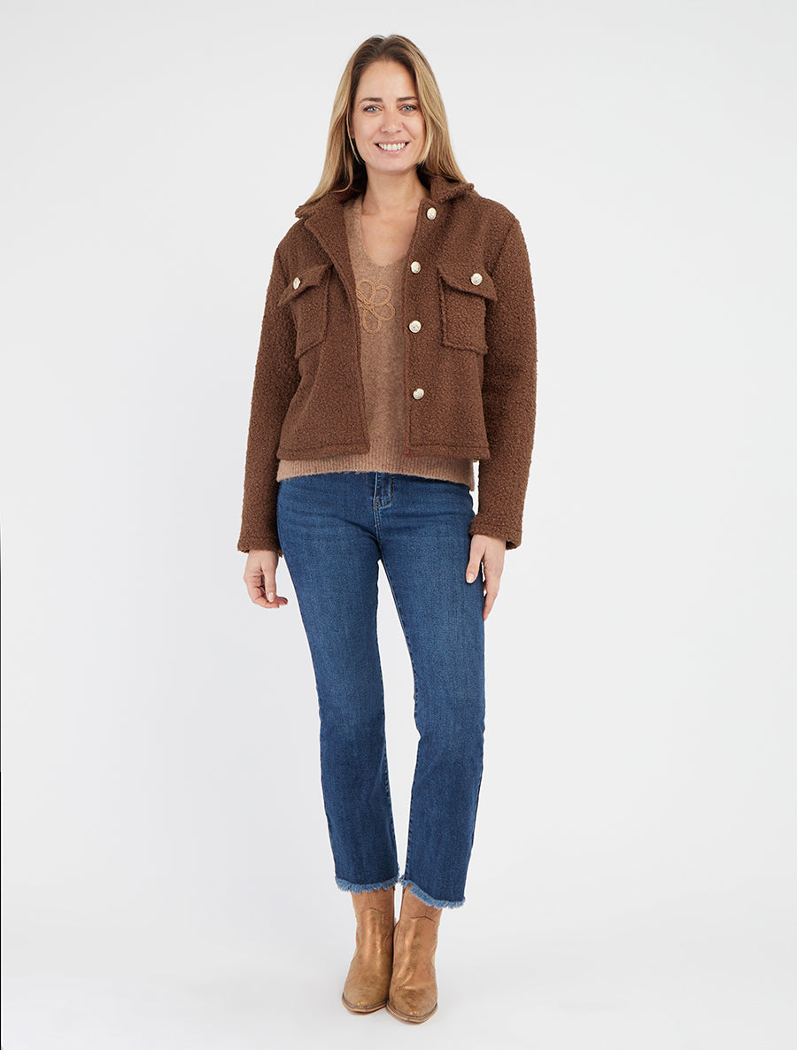 Abrigo corto efecto lana rizada - Marrón