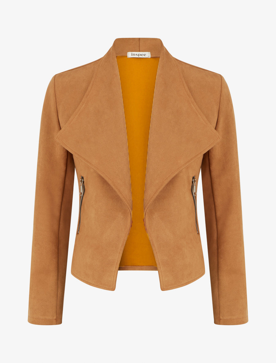 Chaqueta de ante con bolsillos decorativos con cremallera. - Camello