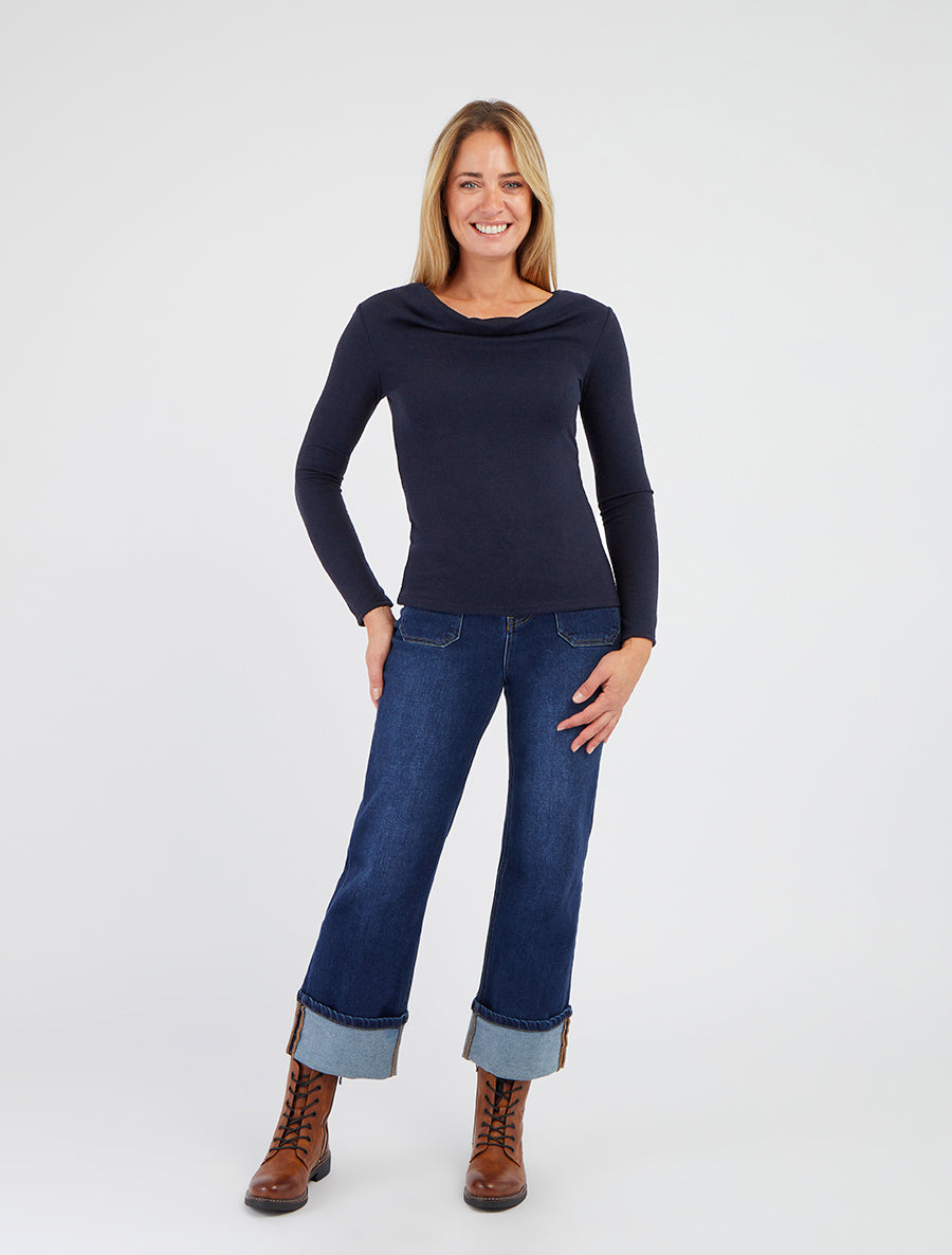 Pull à col bénitier et dos en crochet - Marine - 8