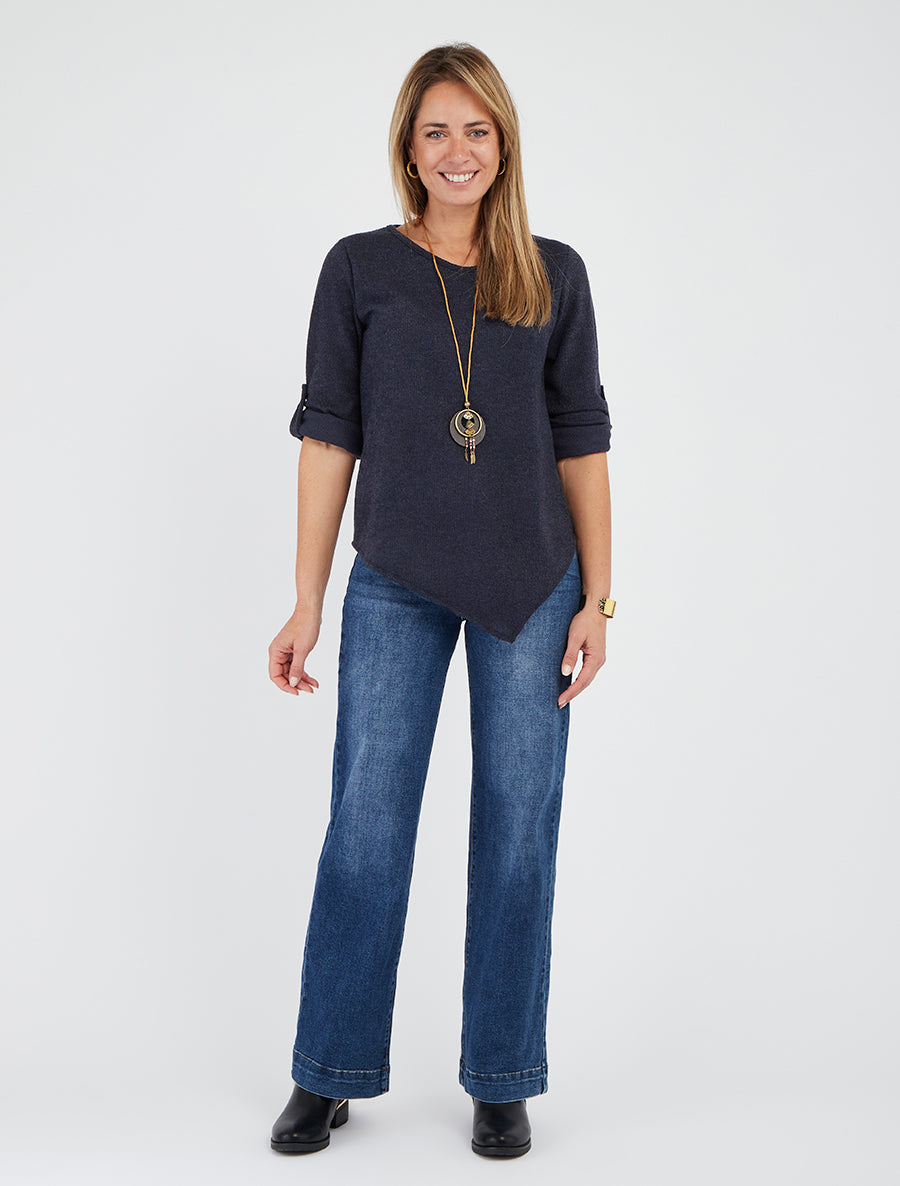 Jersey fino asimétrico con mangas largas remangables. - Marine