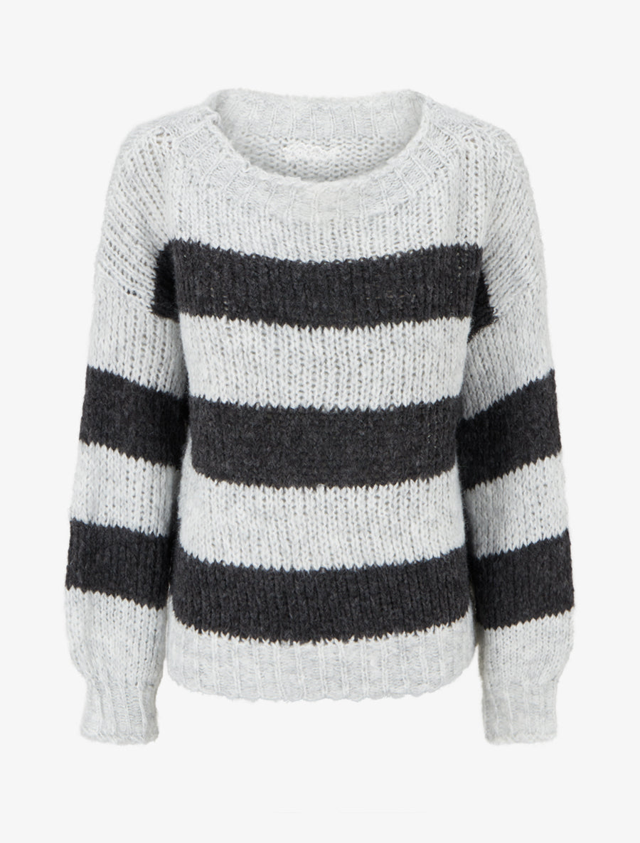 Pull rayé à col rond - Gris - 1