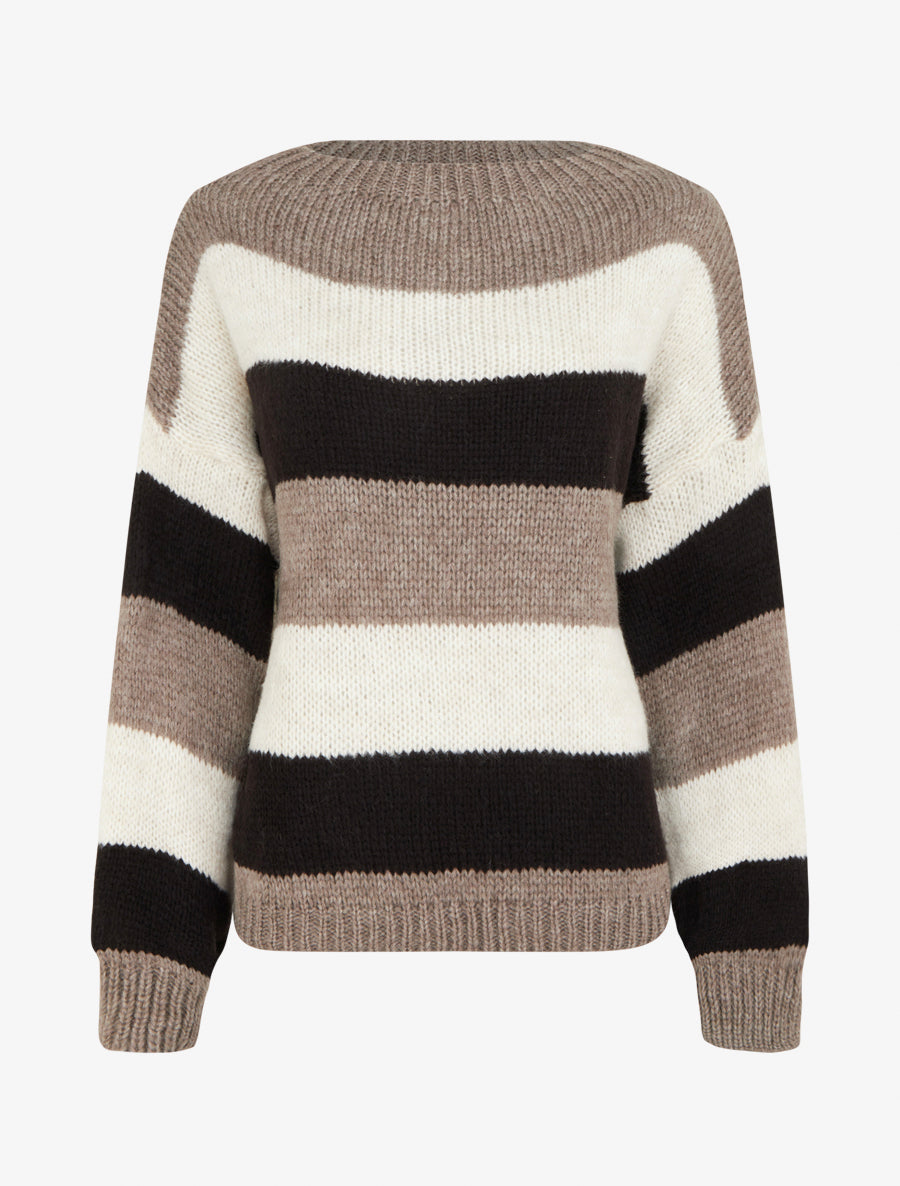 Pull rayé droit à col rond - Taupe - 1