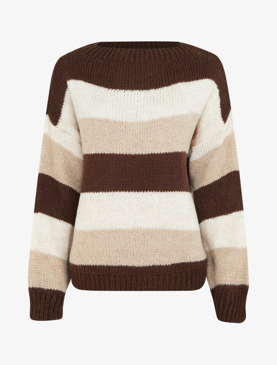 Pull rayé droit à col rond - Marron - 1