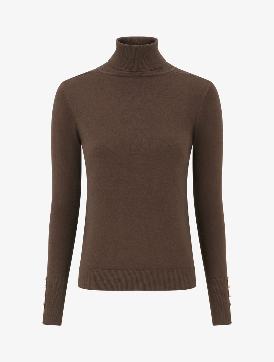 Pull fin à col roulé et boutons décoratifs - Marron - 1