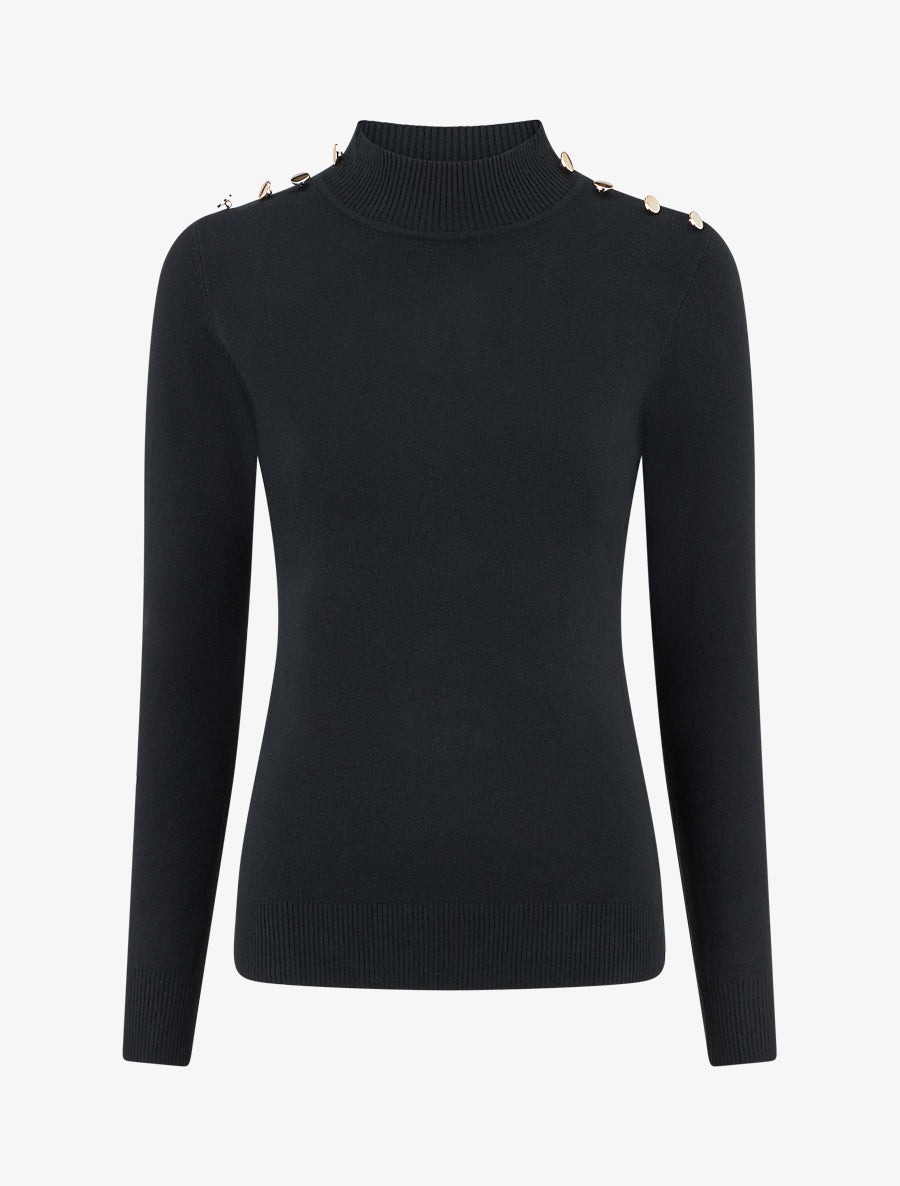 Pull ajusté à col montant et boutons - Noir - 1