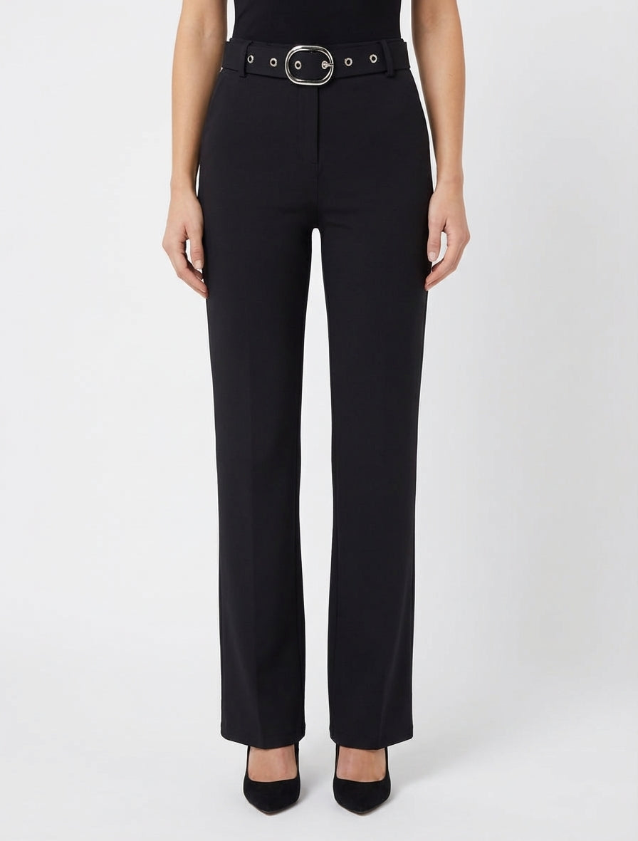 Pantalón recto con cinturón - Negro