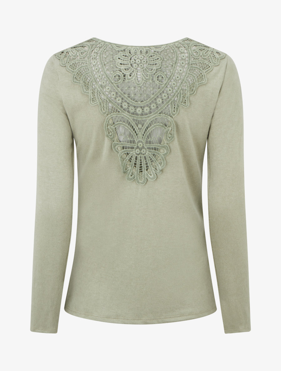 Pull à dos brodé et col bénitier - Kaki - 2