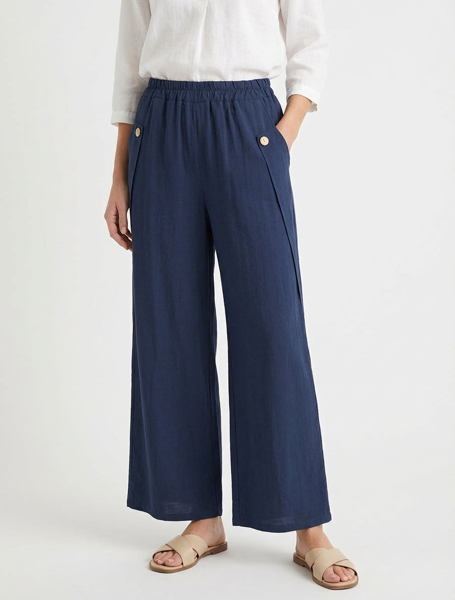Pantalón ancho liso con botones decorativos - Marine