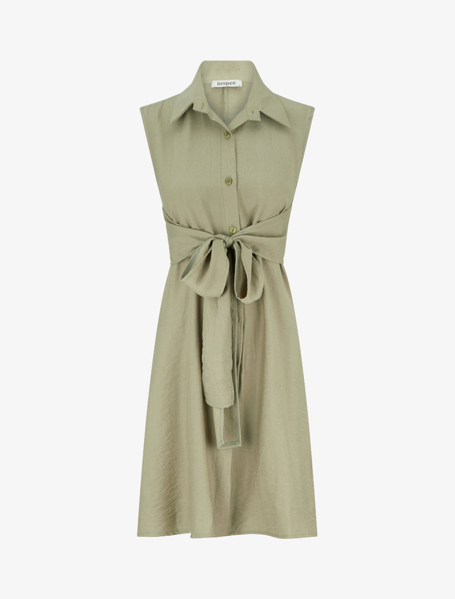 Robe chemise sans manches à liens à nouer - Vert olive - 1