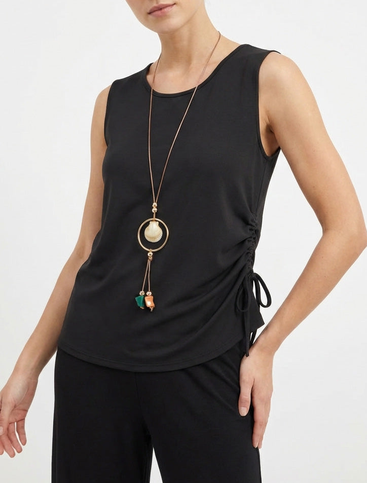 Top fruncido sin mangas con cuello redondo - Negro