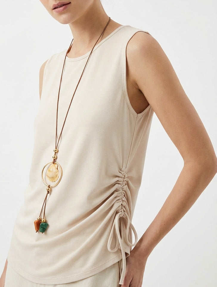 Top fruncido sin mangas con cuello redondo - Beis