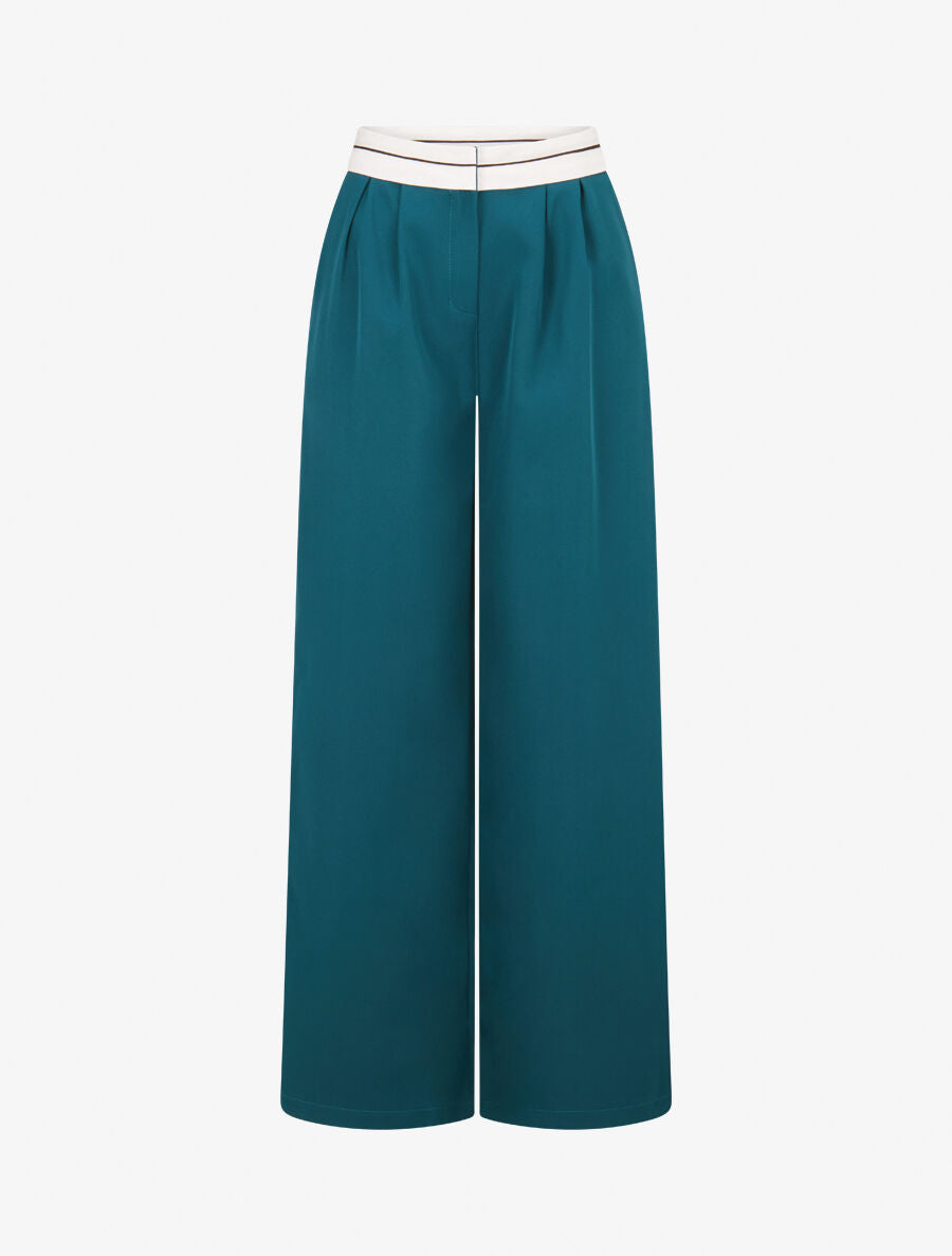 Pantalon wide leg à taille contrastante - Bleu canard - 1