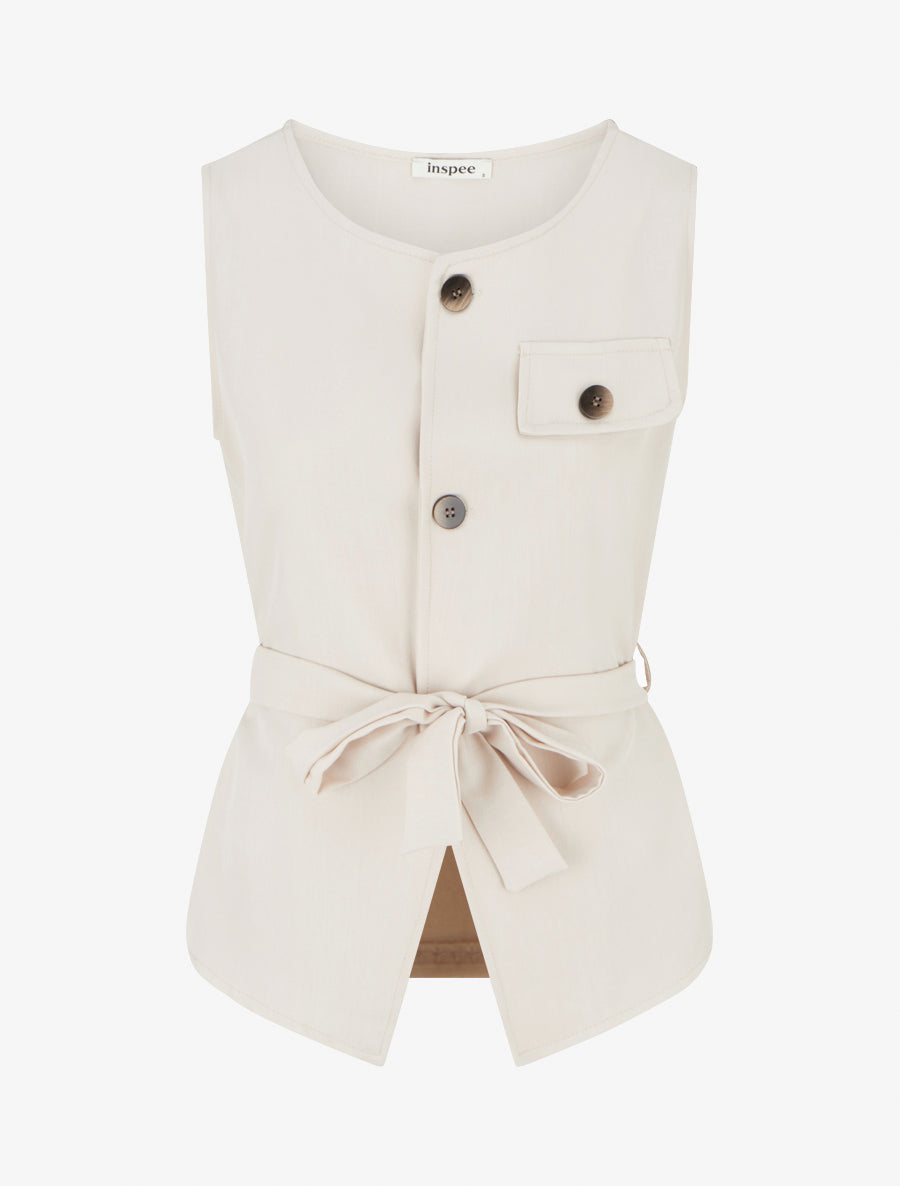 Top boutonné sans manches à poche décorative - Beige - 1