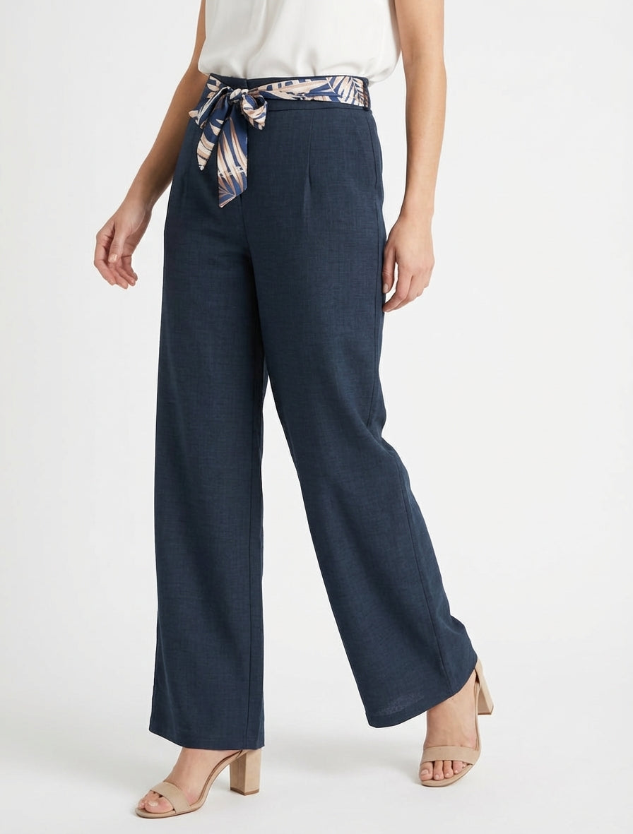 Pantalón recto con cinturón efecto lino - Marine