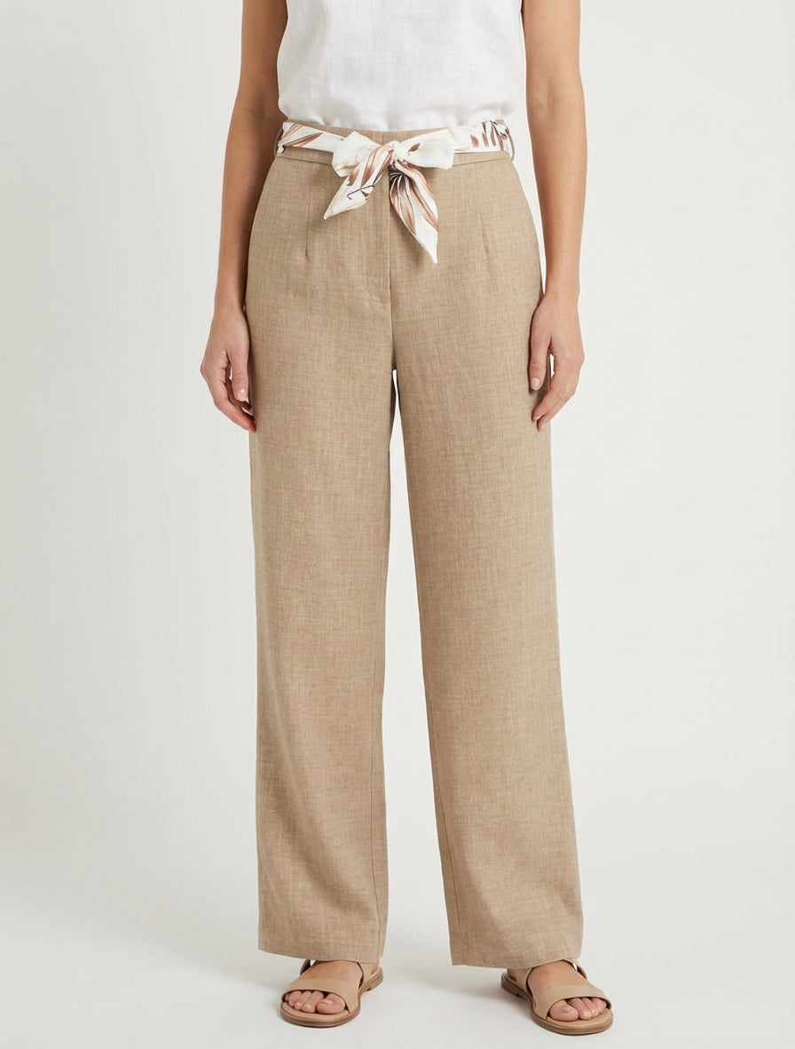 Pantalón recto con cinturón efecto lino - Topo