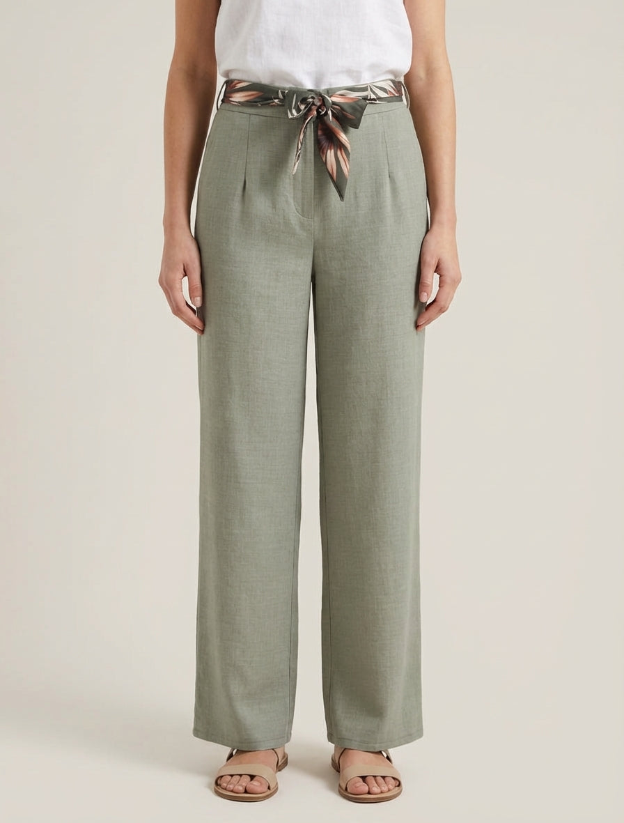 Pantalón recto con cinturón efecto lino - Caqui