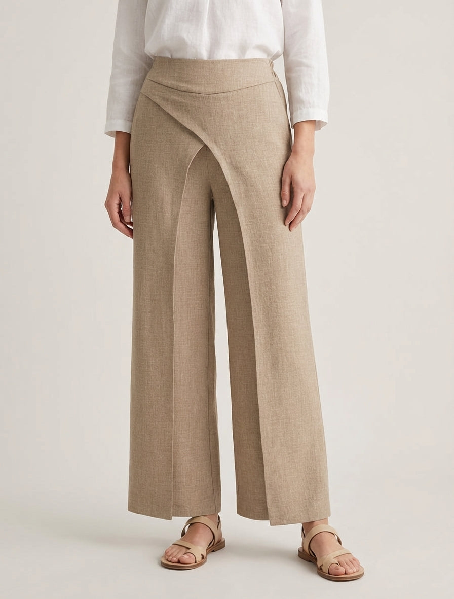 Pantalón recto efecto lino con doble capa. - Topo