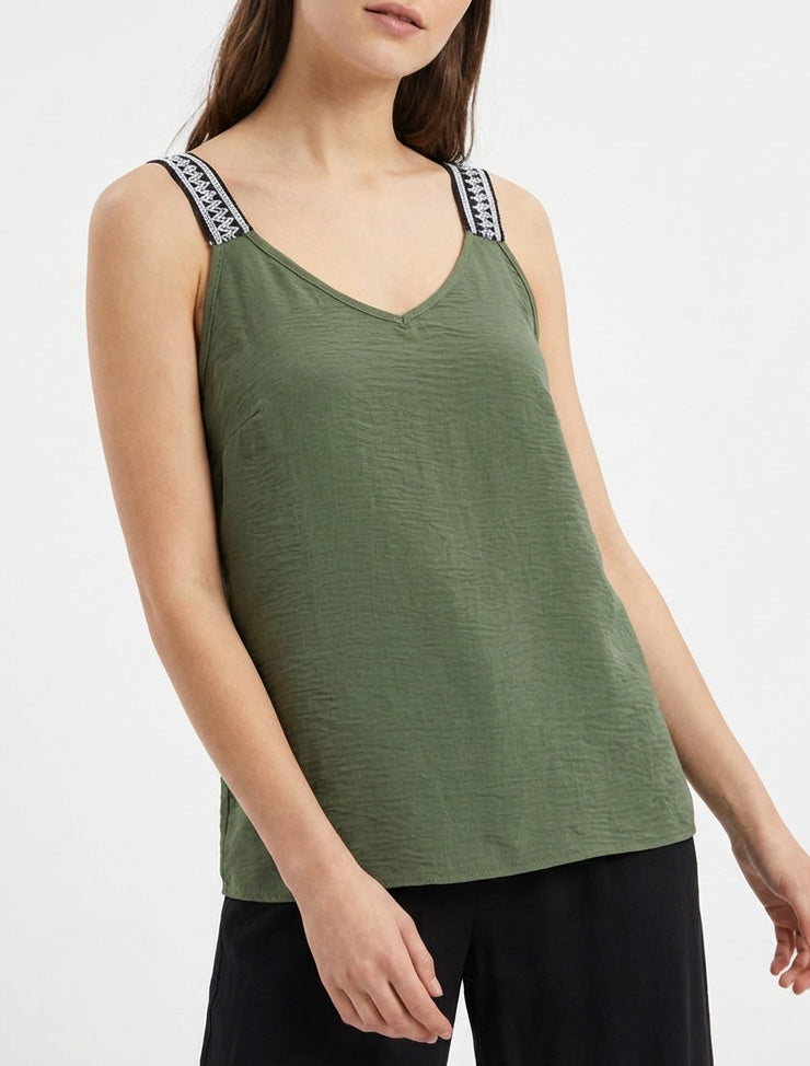 Camiseta sin mangas lisa con tirantes de fantasía - Caqui