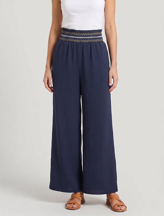 Pantalón recto de cintura alta elástica - Marine