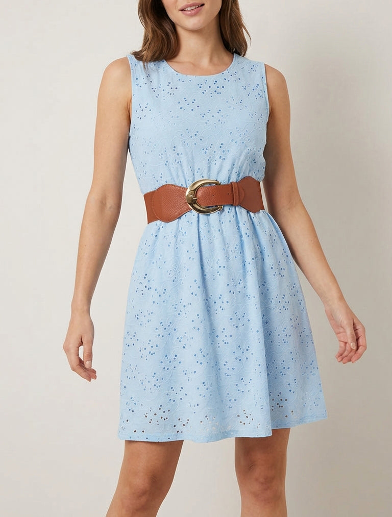 Vestido acampanado sin mangas de bordado inglés - Azul cielo