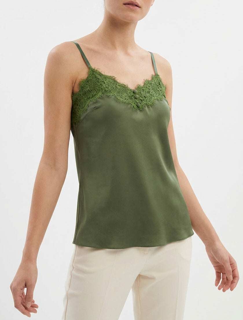 Camisón satinado con detalle de encaje - Caqui