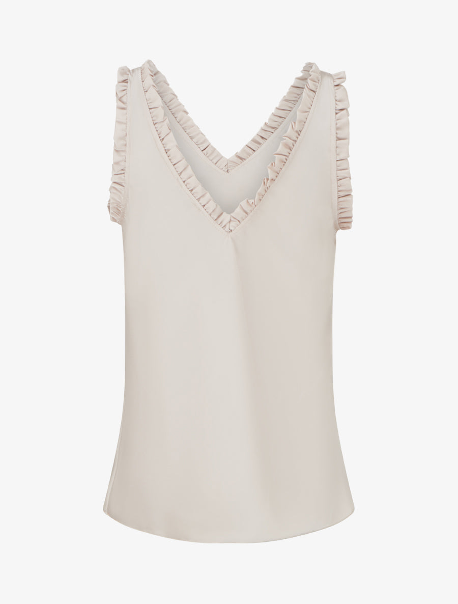 Top satiné sans manches à col volanté - Beige - 2