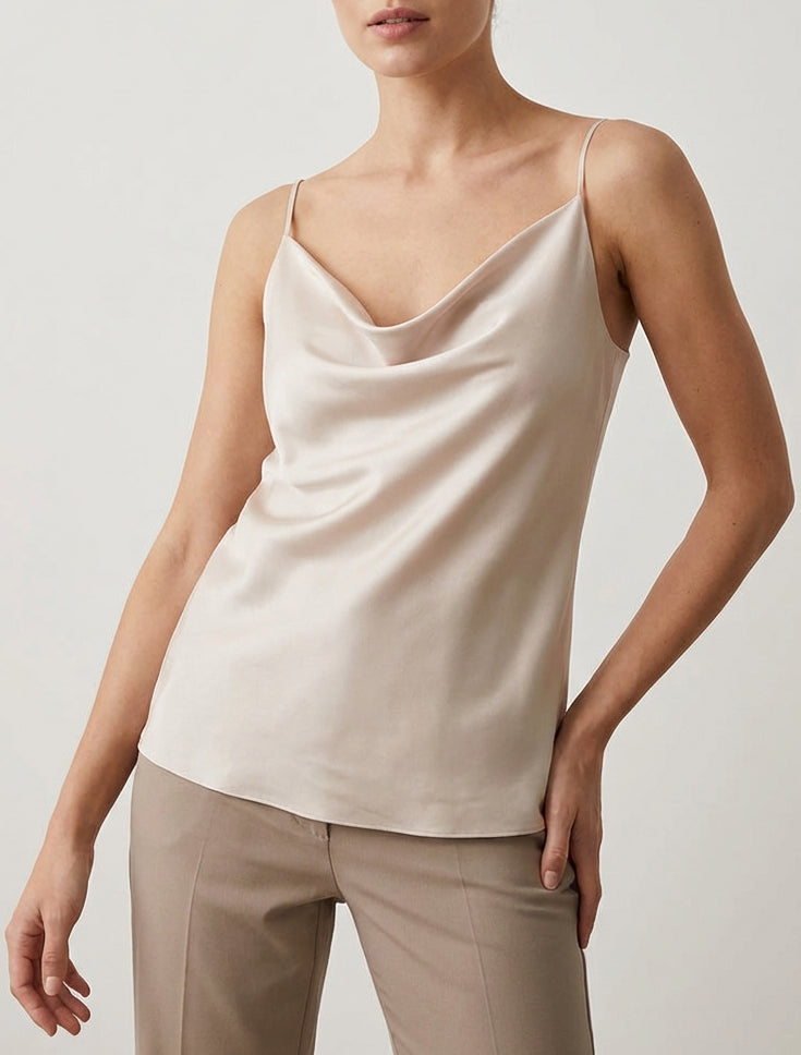 Camisón de satén con cuello drapeado - Beige claro