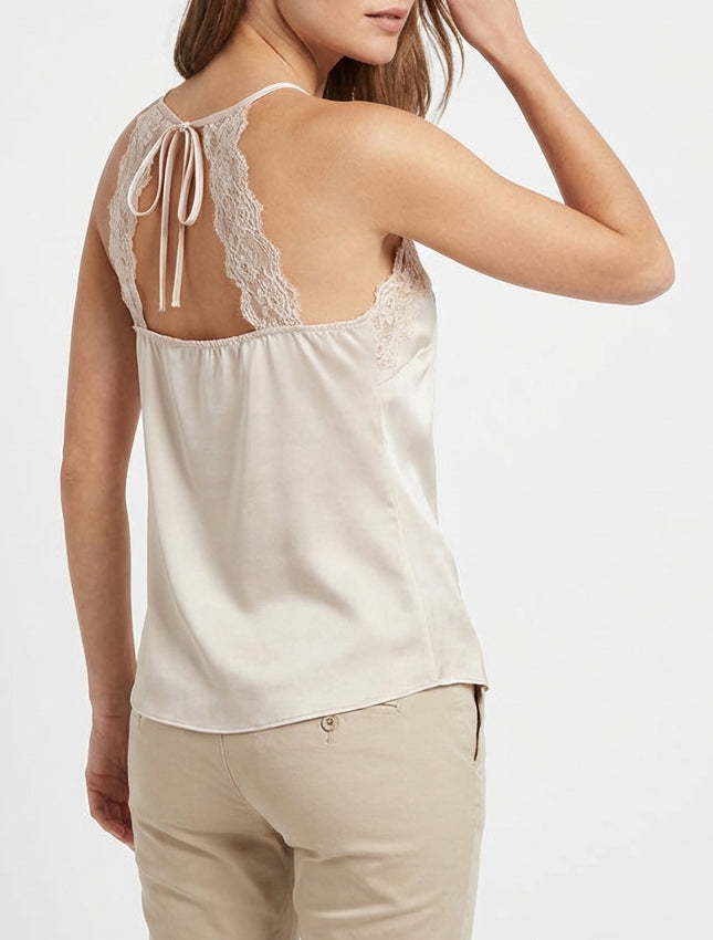 Camisola satinada con encaje y lazos - Beige claro