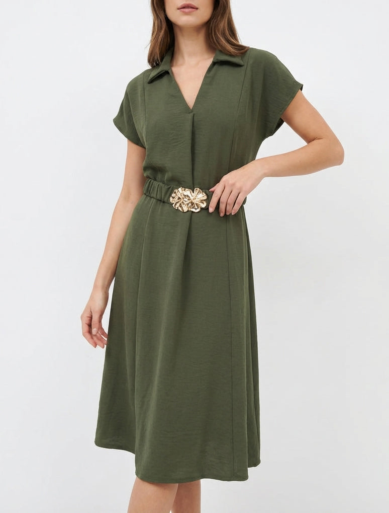 Vestido fluido liso con cinturón - Caqui