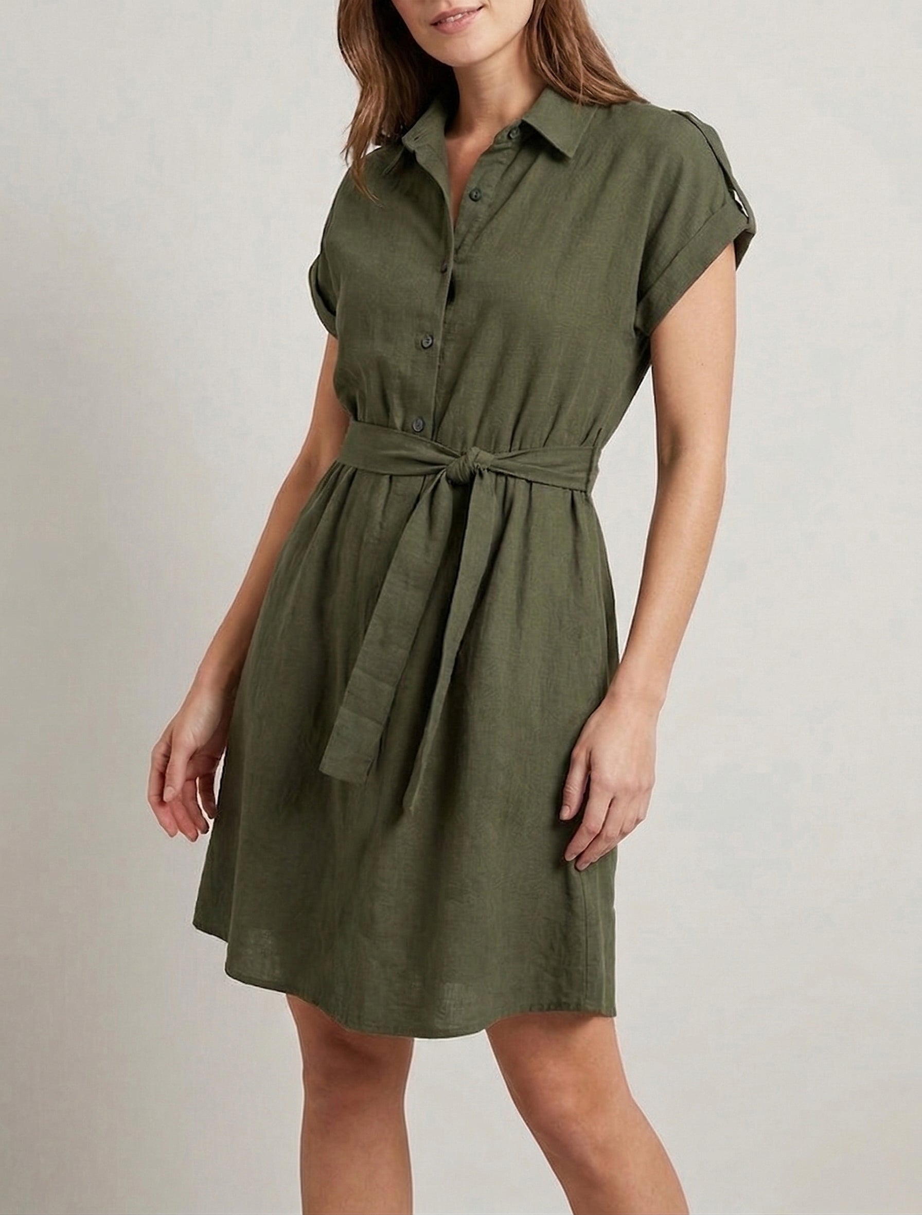 Vestido camisero de mangas cortas - Caqui