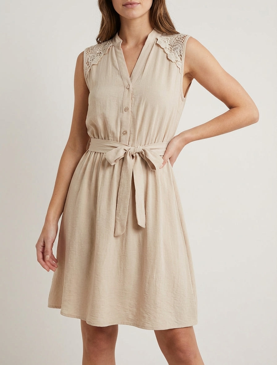 Vestido midi abotonado sin mangas - Beis
