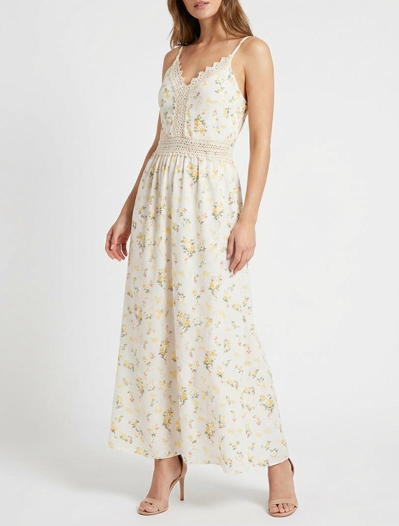 Vestido largo estampado de pequeñas flores con detalle de crochet - Amarillo