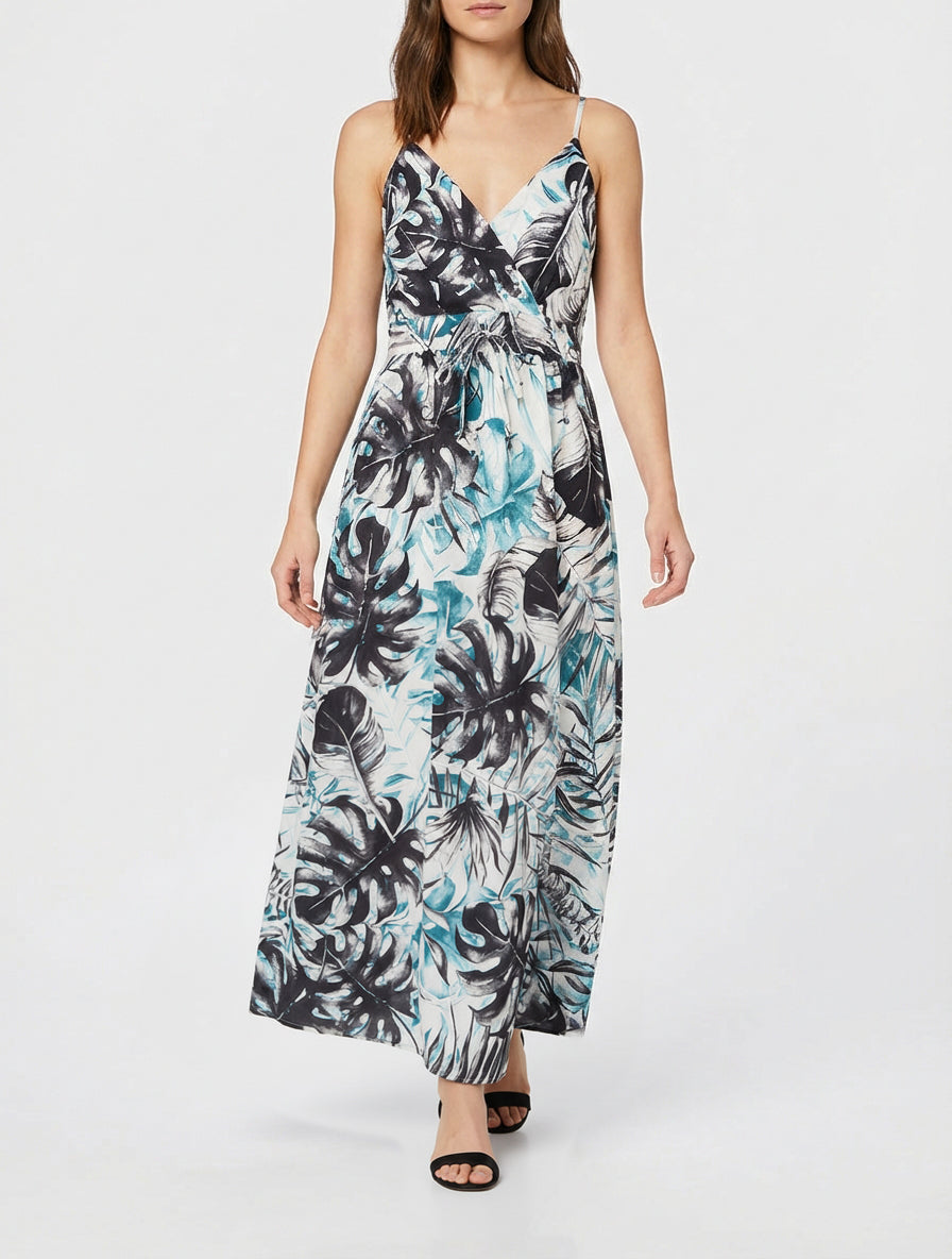 Vestido largo con espalda elástica estampado de follaje. - Negro