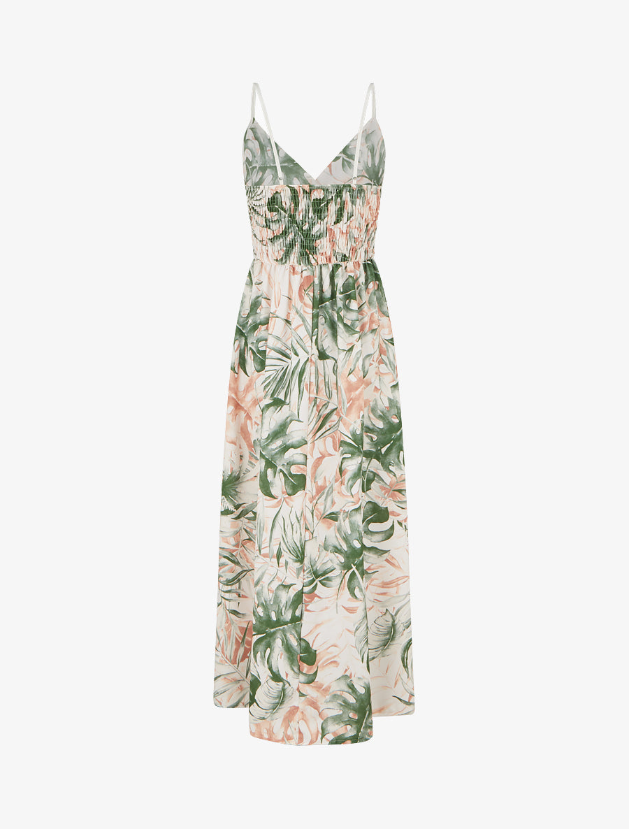 Robe longue à dos élastiqué imprimé feuillage - Kaki - 2
