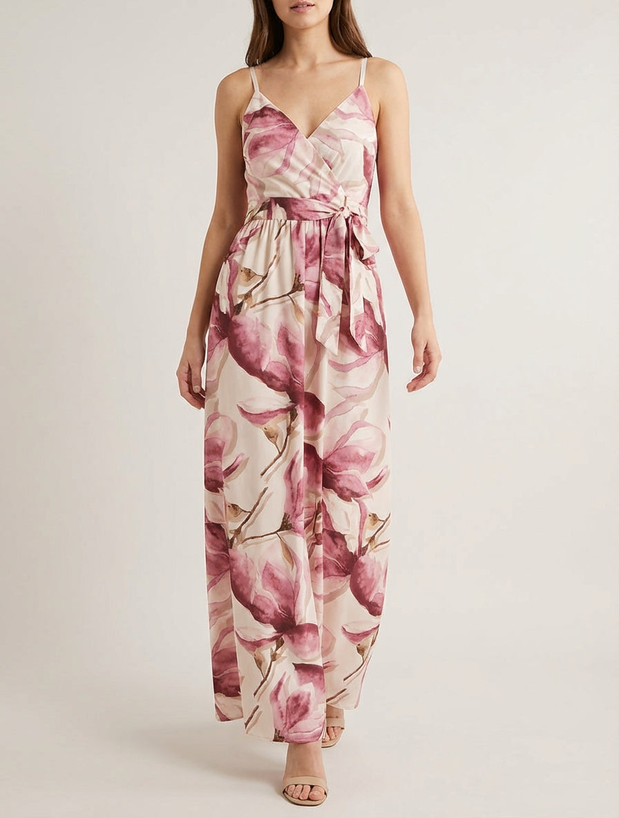 Vestido largo con espalda elástica estampado floral - Rosa viejo