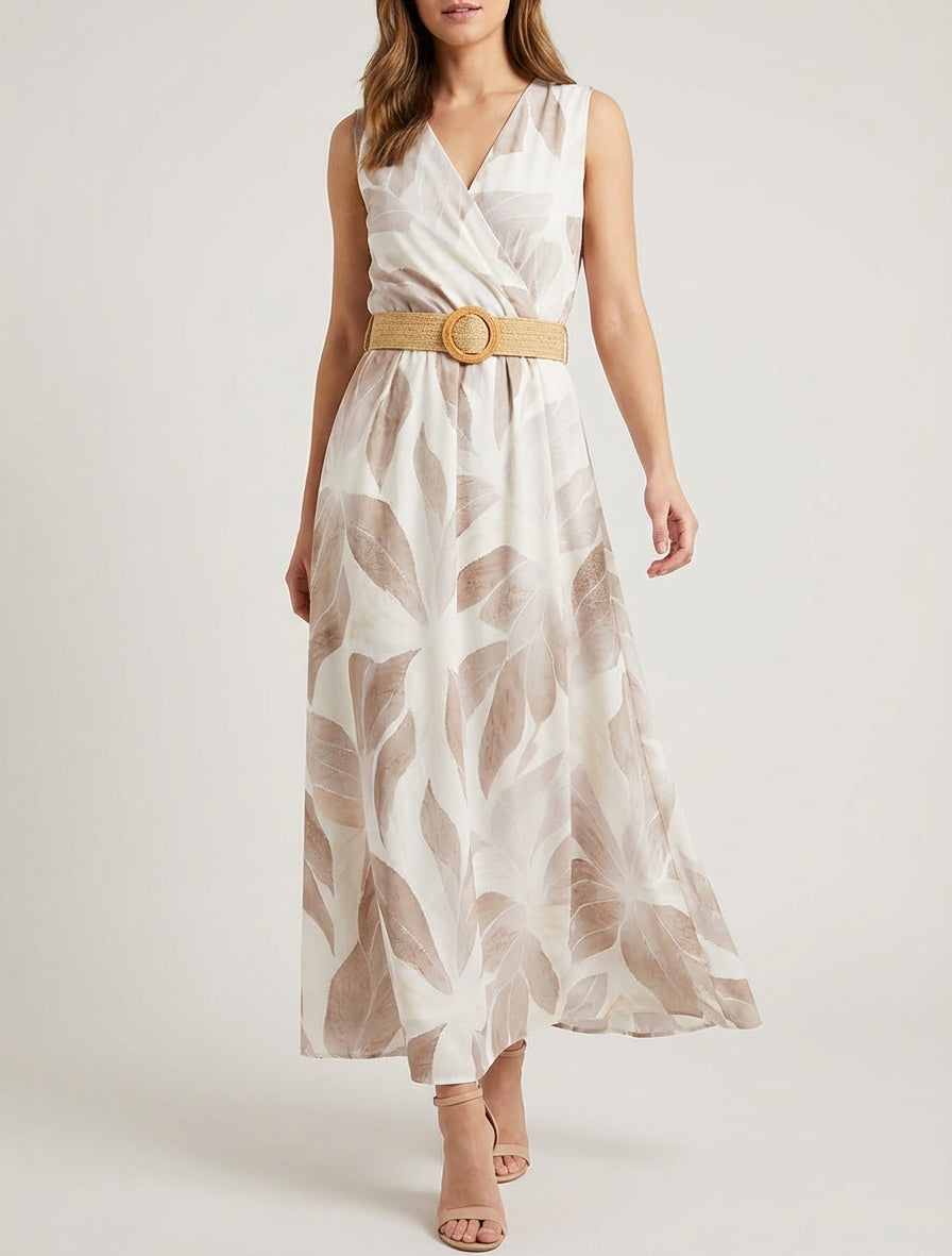 Vestido estampado de hojas con cuello cruzado - Beis