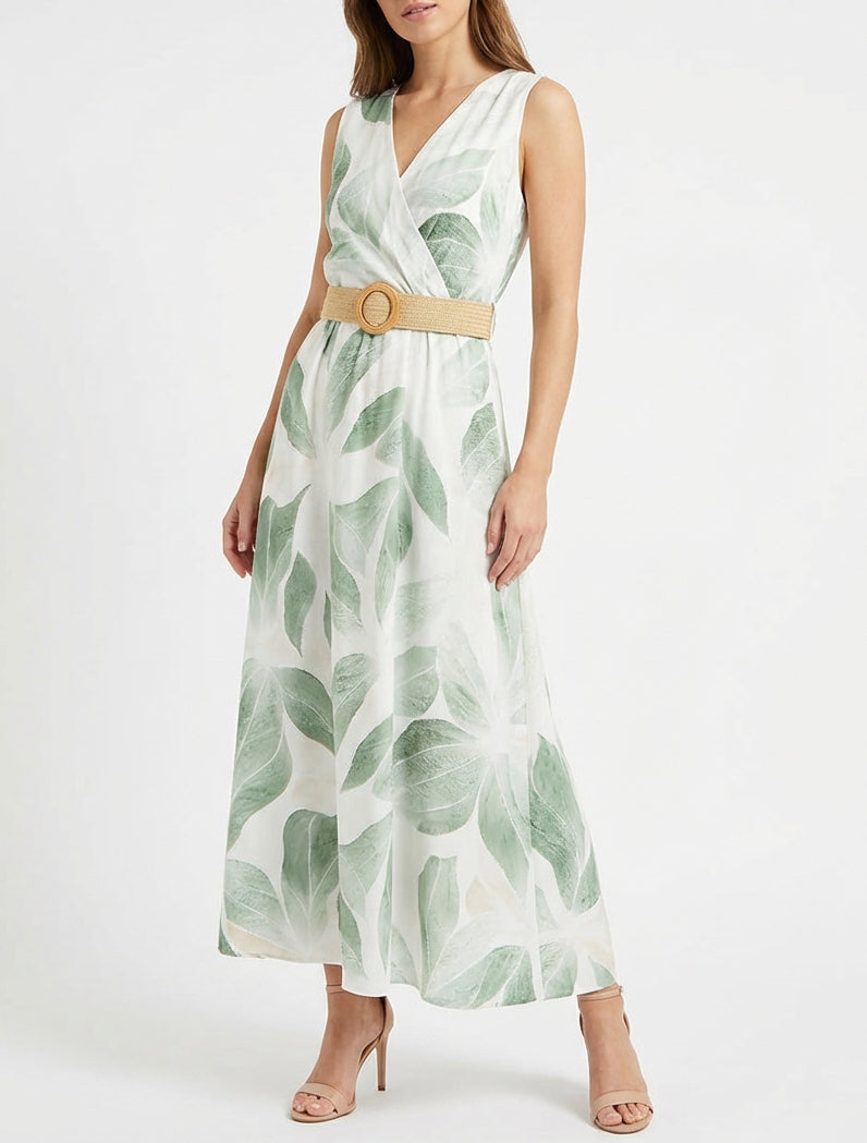 Vestido estampado de hojas con cuello cruzado - Caqui