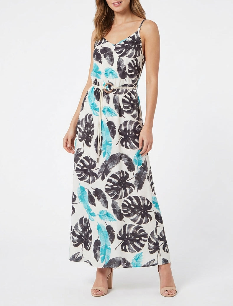 Vestido largo estampado de hojas con cintura elástica - Negro