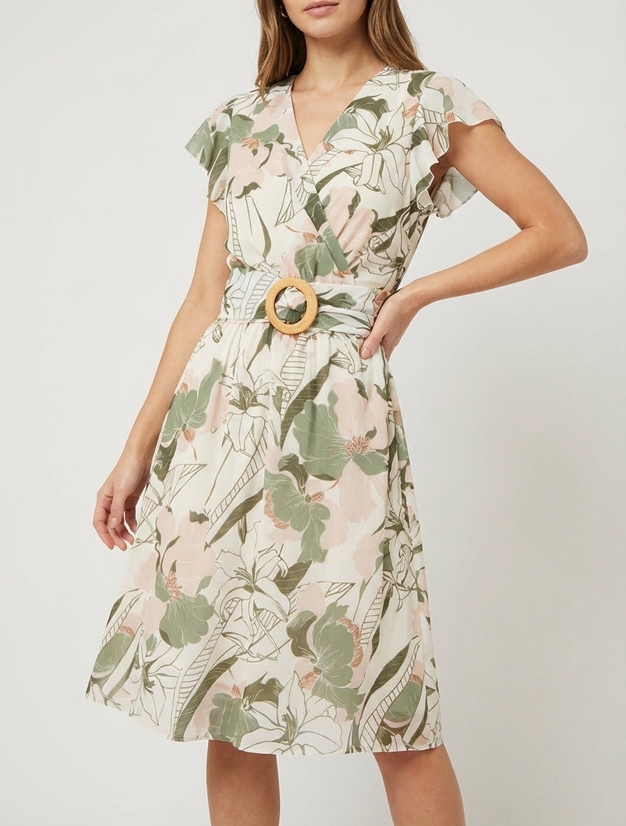 Vestido midi estampado de flores grandes con hebilla - Caqui