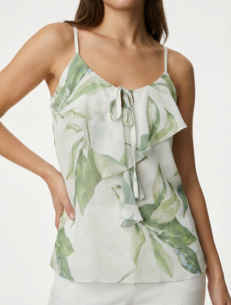 Blusa con cuello en V con volantes y estampado floral. - Verde