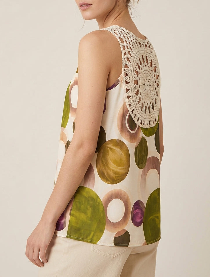 Top estampado gráfico con inserción de crochet - Verde oliva
