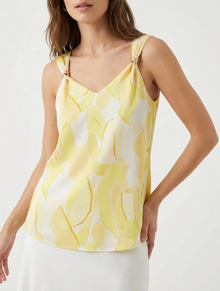 Top satinado con estampado abstracto y joya - Amarillo