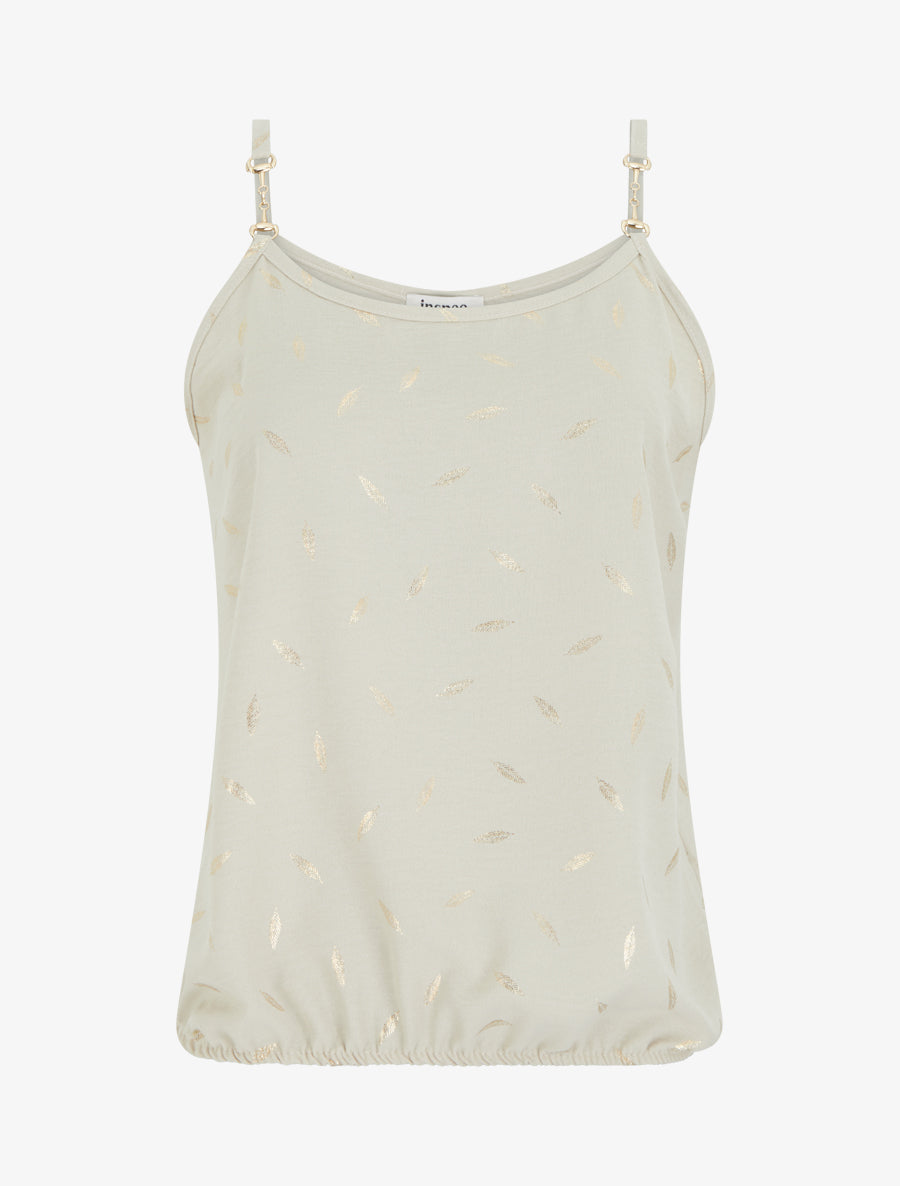 Camiseta de tirantes con joyas e impresión de plumas. - Beis