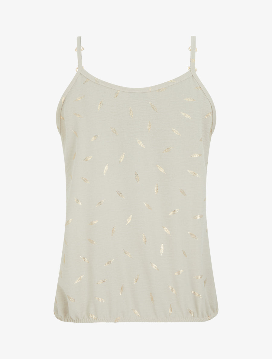 Camiseta de tirantes con joyas e impresión de plumas. - Beis