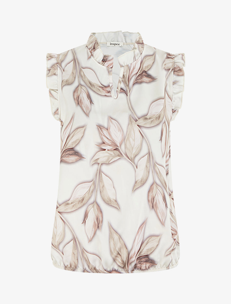 Top boule satiné imprimé feuillages - Beige - 1