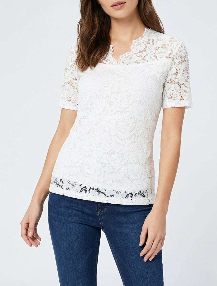 Top de encaje con mangas cortas - Blanco